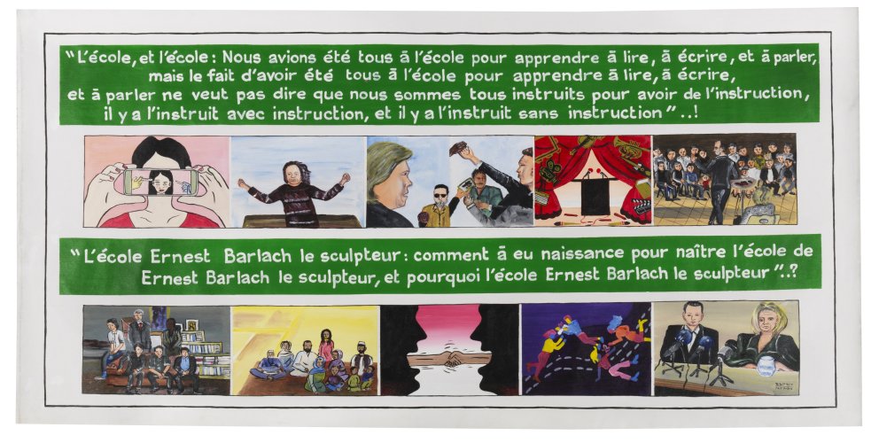 Von Georges Adéagbo in Auftrag gegebenes Banner für seine Ausstellung im Ernst Barlach Haus, Hamburg 2022