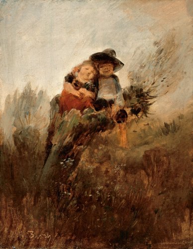 Wilhelm Busch: Kinder auf Weidenstumpf (Die Geschwister), um 1883, Öl auf Papier/Pappe, 25 x 19,8 cm