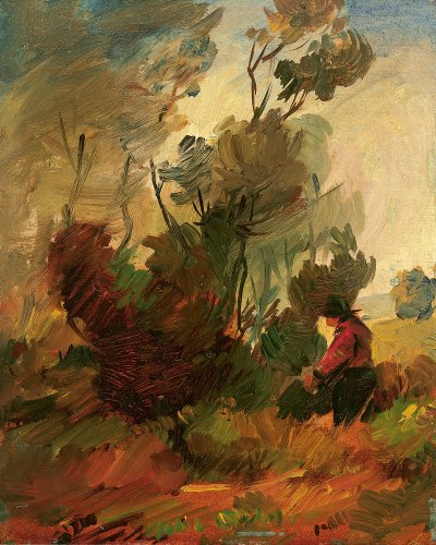 Wilhelm Busch: Group of Autumn Trees with Seated Peasant Woman, c. 1885, oil on paper/board, 16 x 12,9 cm