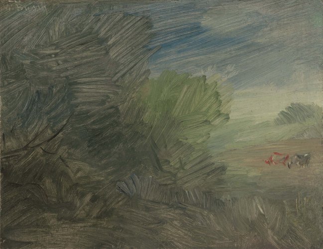 Wilhelm Busch: Lichte Landschaft, 1890/95, Öl auf Papier/Pappe, 13,8 x 18 cm