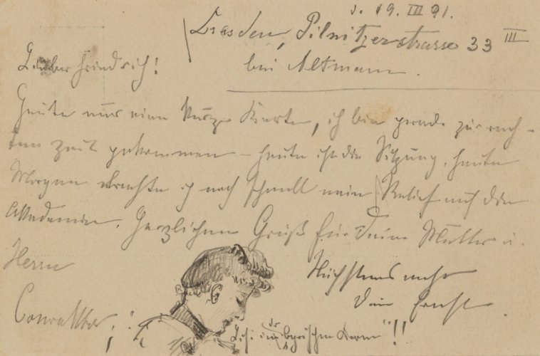 Ernst Barlach: Bildnis Lisi, Postkarte an Friedrich Düsel, 19. März 1891