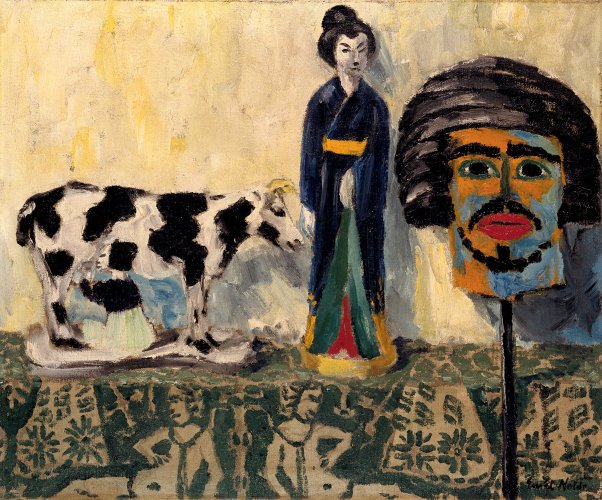 Emil Nolde: Kuh, japanische Figur und Kopf, 1913