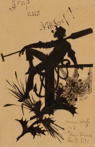 Ernst Barlach: Sitzender Fischer mit Ruder, Anker und Netz, Postkarte an Friedrich Düsel, 1890