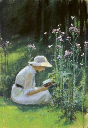 Mary Warburg: Lesende junge Frau am Waldrand, um 1902, Pastell, Hamburger Kunsthalle, Kupferstichkabinett
